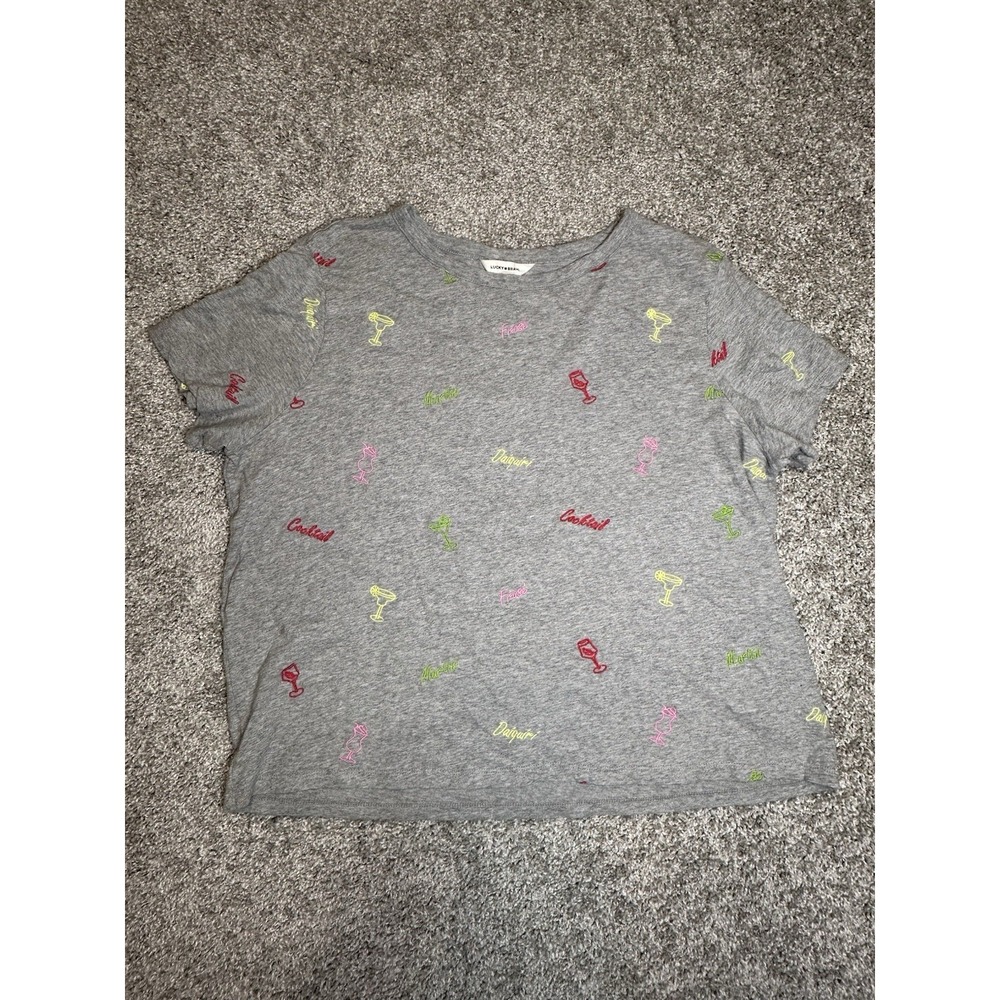Lucky Brand Embroidered Cocktail‎ Martini Tee Shirt Gray Womens XL Tropical